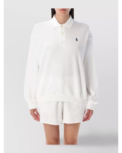 Polo Ralph Lauren White Ribbed Relaxed-Fit Long-Sleeve Polo Top