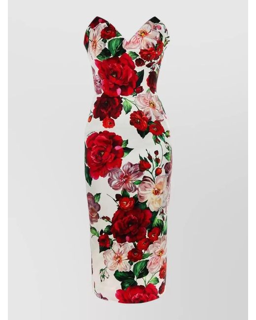 Dolce & Gabbana White Strapless Satin Midi Dress Floral Print