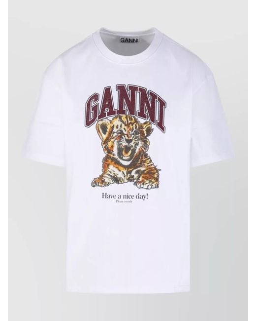 Ganni White Organic Cotton Beaded Graphic Short-Sleeve T-Shirt