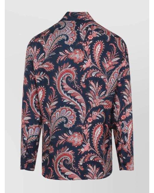 Etro Blue Silk Printed Long-Sleeve Shirt for men