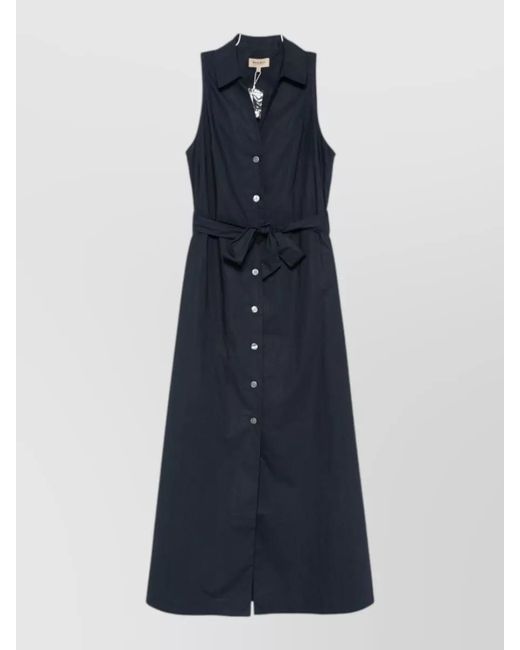 Woolrich Blue Cotton Shirt Dress Sleeveless Midi Bow Waist