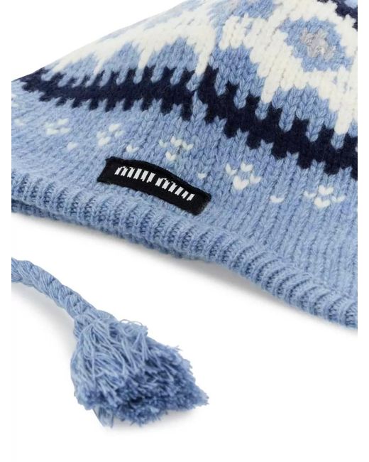Miu Miu Blue Knit Hat Ear Flaps Pattern Tassel Ties