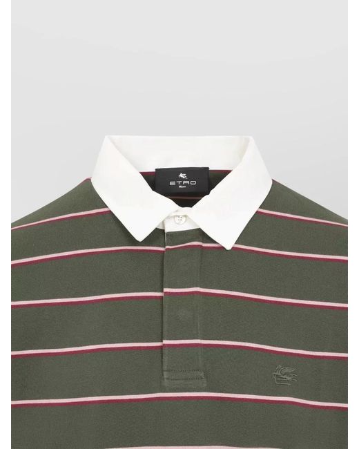 Etro Green Long Sleeve Striped Polo Shirt Collar for men