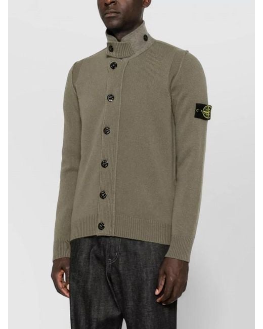 Stone Island Green High Collar Wool Cardigan Long Sleeves for men