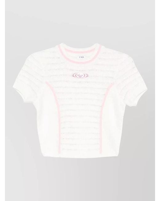 Casablanca White Cropped Knit Top Crew Neck Contrast Trim