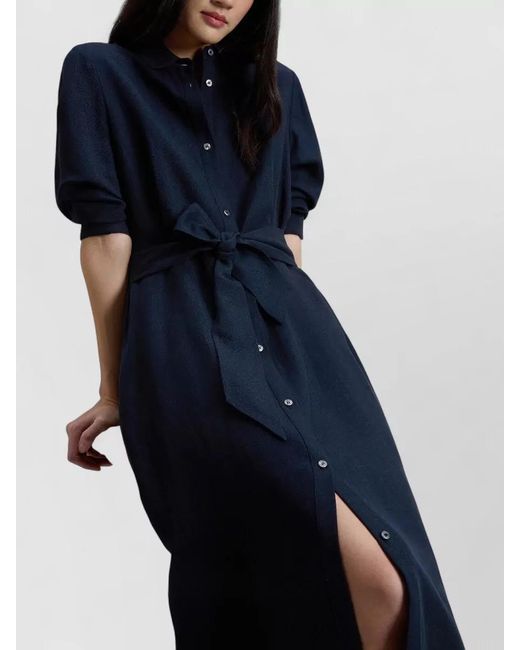 Woolrich Blue Linen Blend Belted Shirt Midi Dress