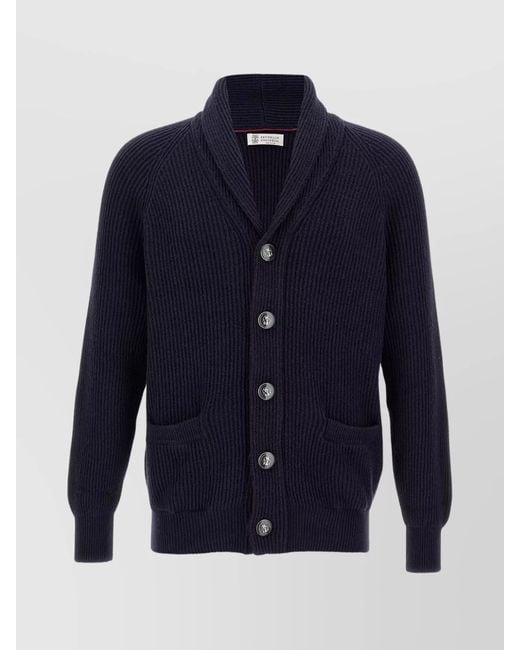 Brunello Cucinelli Blue Cotton Shawl Neck Cardigan for men