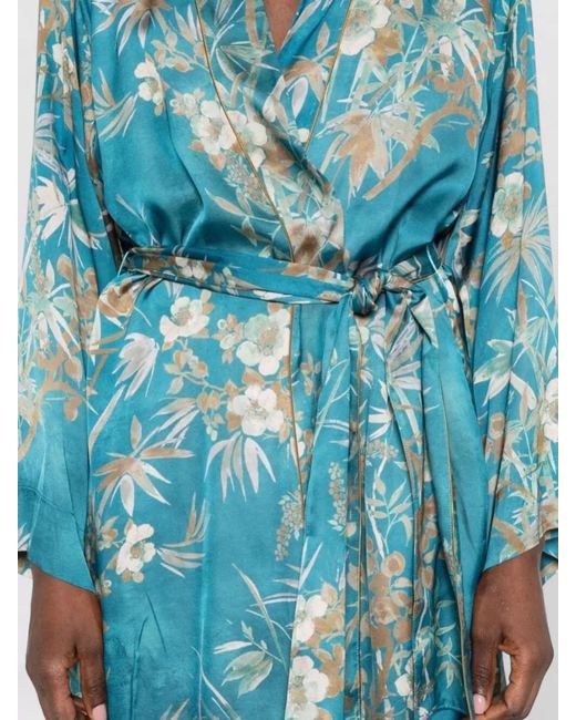 Forte_forte Blue Floral Satin Kimono Robe Piping