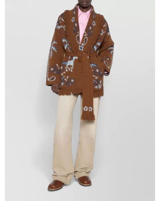 Alanui Brown Cashmere Wool Belted Fringed Cardigan
