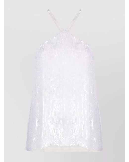 P.A.R.O.S.H. White Sequined Halterneck Sleeveless Top