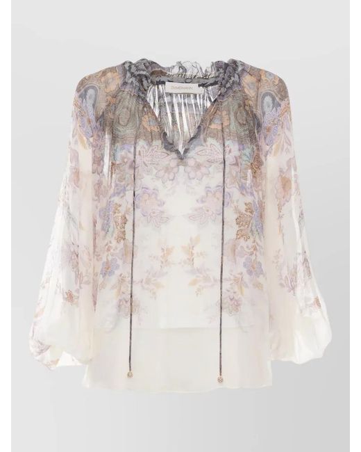 Zimmermann White Paisley Viscose Blouse Long Sleeves Ruffles Sheer