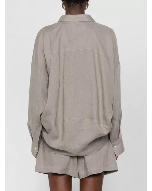 Brunello Cucinelli Gray Linen V-Neck Long-Sleeve Shirt