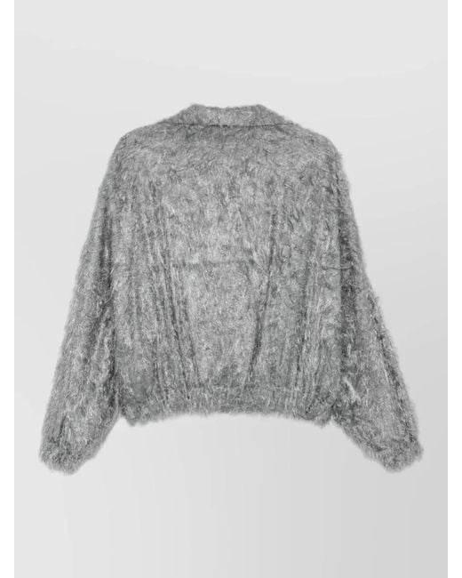 Alysi Gray Cropped Fringed Knit Blouson Jacket