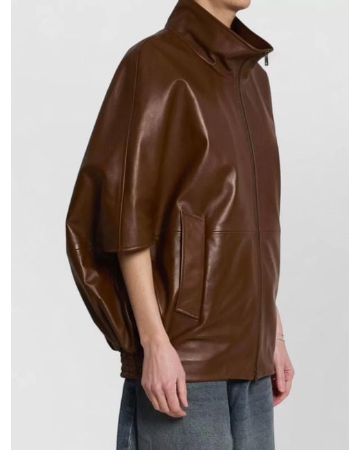 Balenciaga Brown Lamb Leather Short-Sleeve Bomber Jacket