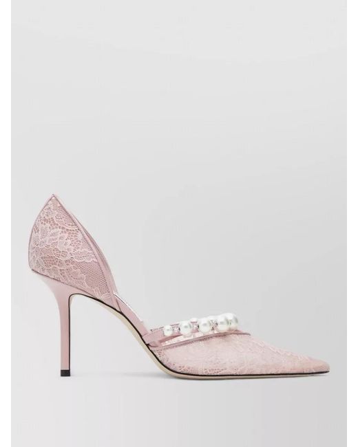 Jimmy Choo Pink Lace Pearl Pumps Pointed Toe Stiletto Heel