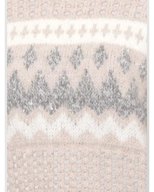 Peserico White Crew Neck Long Sleeve Patterned Top