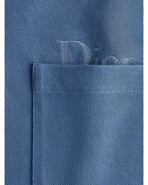 Dior Blue Polo Shirt Ribbed Collar Chest Pocket for men