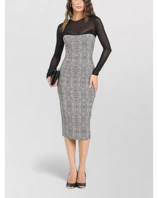 Elisabetta Franchi Gray Mesh Sleeve Midi Dress Textured Sheer Neckline