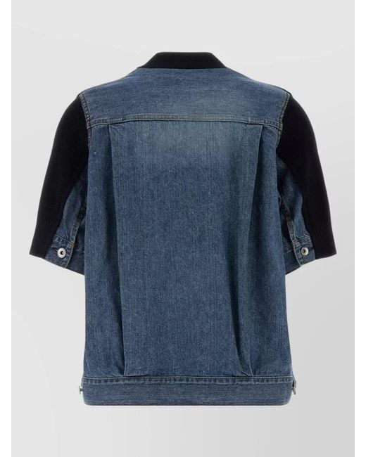 Sacai Blue Denim Knit Cardigan Contrast Short Sleeves