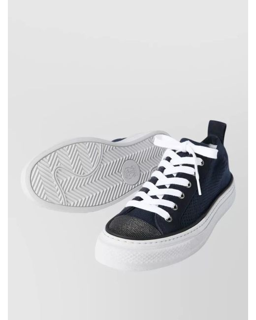 Brunello Cucinelli Blue Leather Knit Low-Top Sneakers