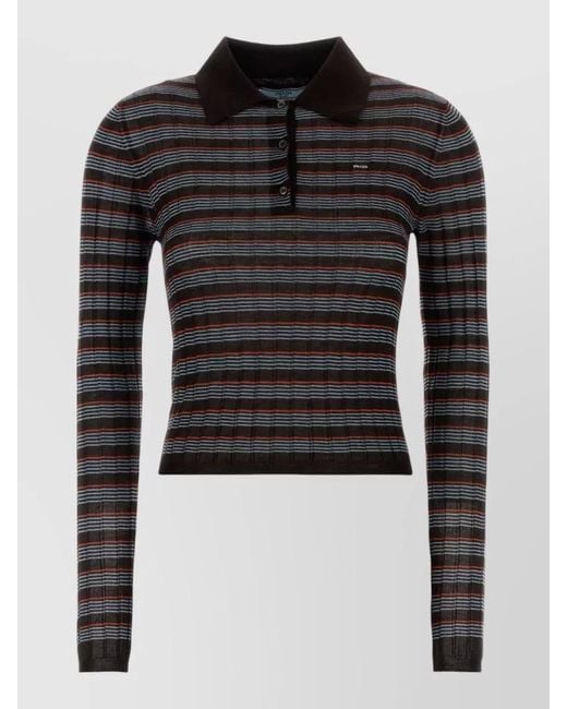 Prada Black Polo Shirt Slim Fit Cropped Striped Knit