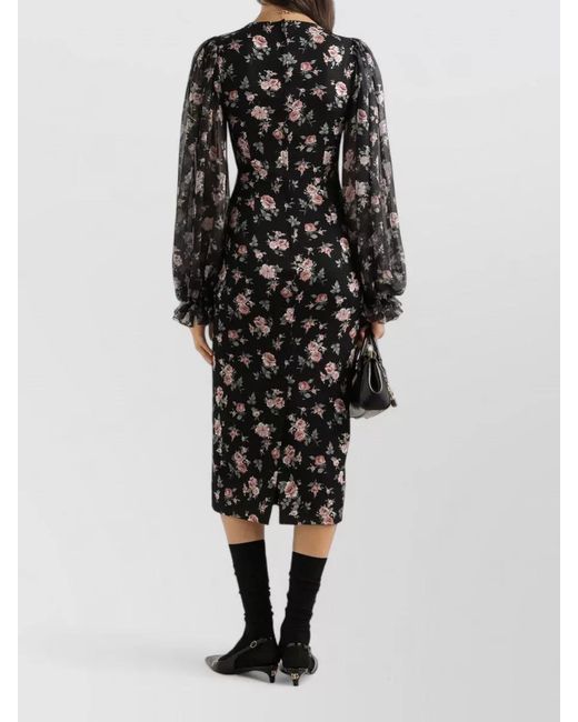 Dolce & Gabbana Black Silk Floral-Print Long-Sleeve Midi Dress
