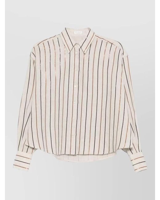 Brunello Cucinelli Natural Linen Shirt Long Sleeves Striped Pointed Collar