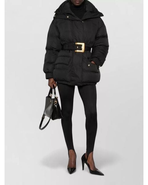 Balmain Black Quilted Hooded Coat Belt Waist Hardware