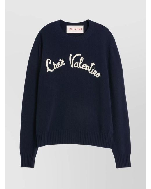 Valentino Garavani Blue Fine-Knit Wool Crew-Neck Sweater for men