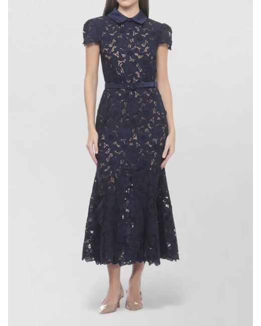 Self-Portrait Blue Knee Length Dress Belted Waist Lace