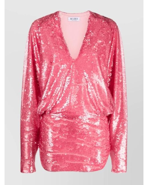 The Attico Pink Sequined V-Neck Long-Sleeve Mini Dress