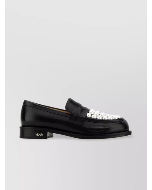 Mach & Mach Black Leather Sirene Loafers With Pearl Embellishments