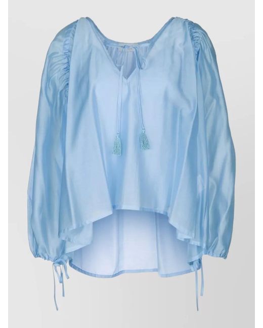 ERMANNO FIRENZE Blue Loose Blouse Top Ruched Sleeves Tassel Ties