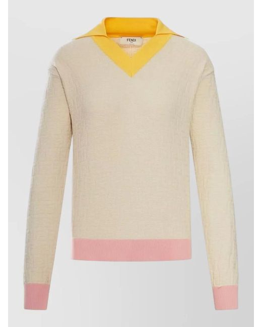 Fendi Natural Knitwear Long Sleeves V Neck Contrasting Collar