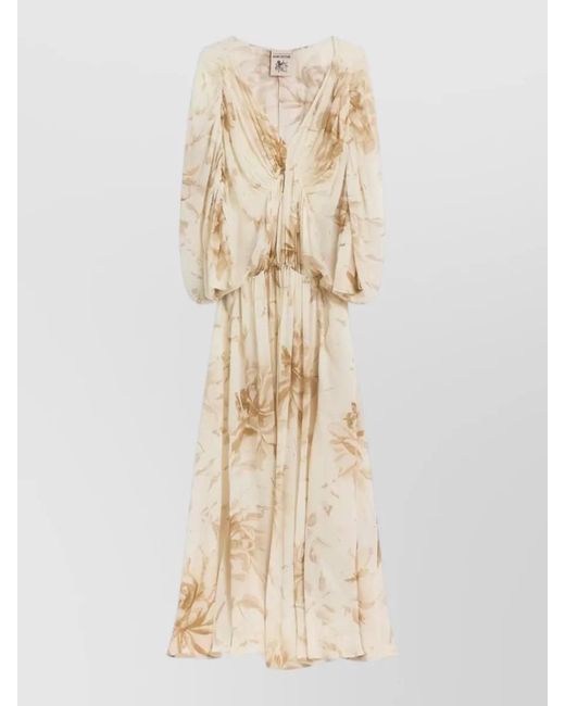 Semicouture Natural Floral-Print V-Neck Gathered-Waist Maxi Dress