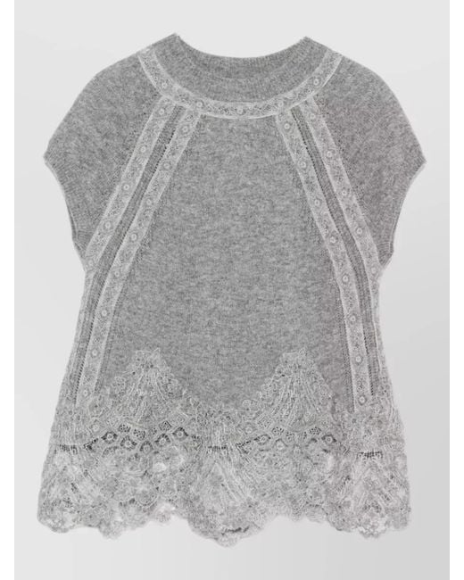 Ermanno Scervino Gray Cashmere Lace Knit Top High Neck