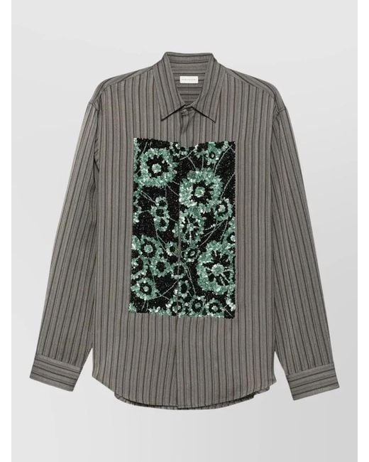 Dries Van Noten Gray Floral Stripe Shirt Long Sleeves for men