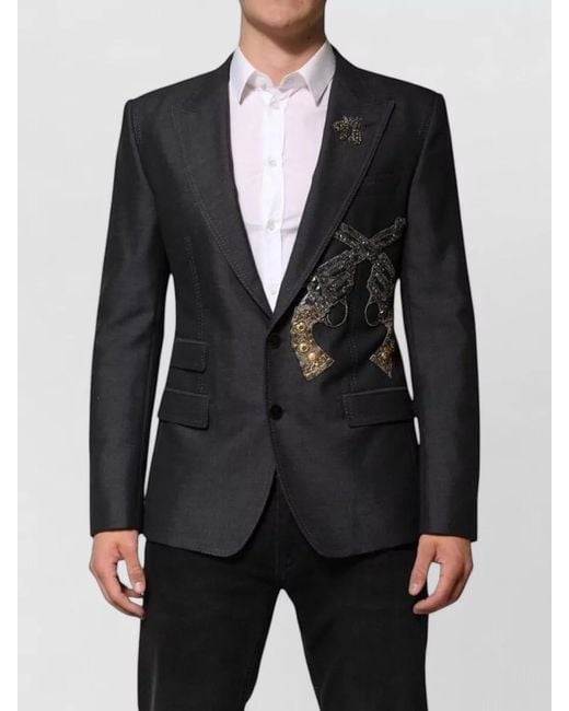 Dolce & Gabbana Black Bee Embroidery Wool Blend Tailored Blazer for men