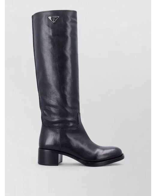 Prada Blue Tall Leather Logo Boots Low Heel