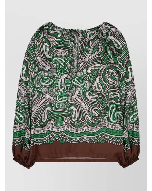 P.A.R.O.S.H. Green Paisley Top Gathered Neckline Long Sleeves