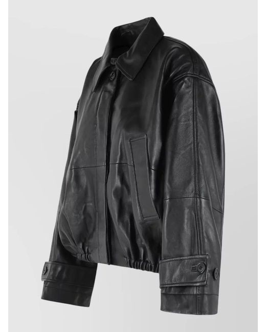 Rohe Black Leather Jacket Collared Neck Elasticated Hem