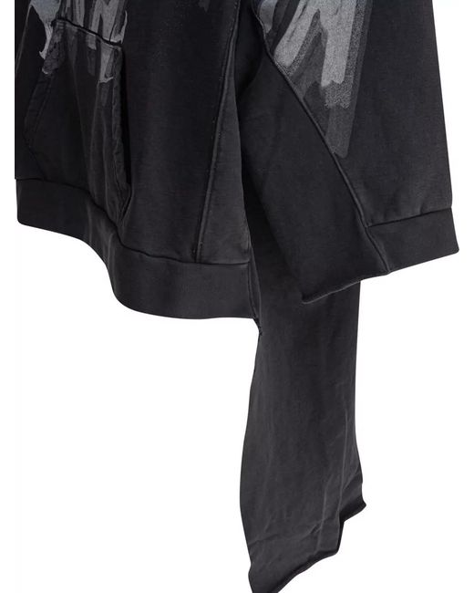 RRR123 Black Longline Hooded Sweatshirt Asymmetrical Hem Graphic Pocket for men