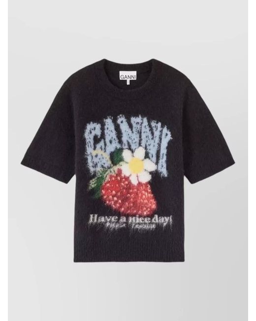 Ganni Black Knit Top Short Sleeves Graphic Print