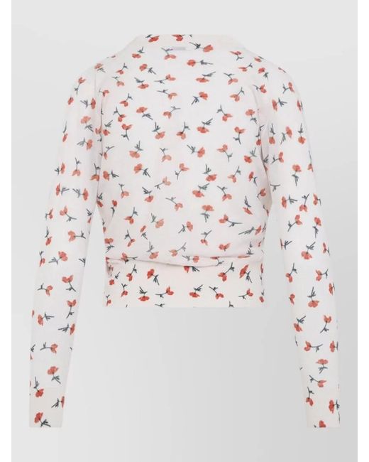 Jil Sander White Cropped V Neck Floral Knit Cardigan