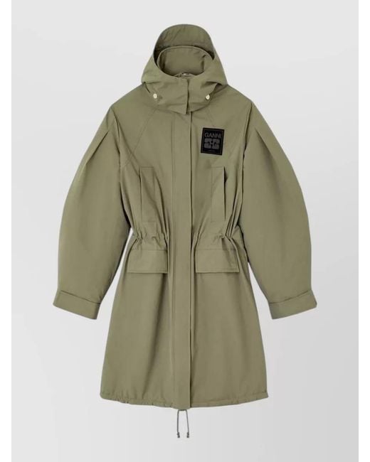 Ganni Green Recycled Nylon Long Hooded Coat Adjustable Waist