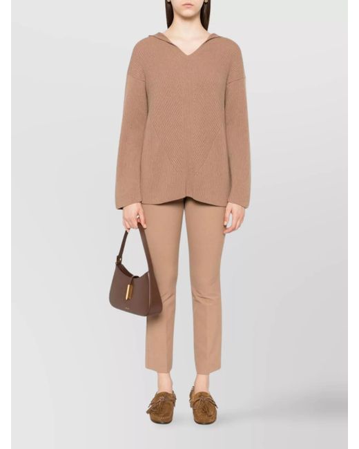 Max Mara Natural Ribbed Wool V-Neck Long-Sleeve Knitted Top