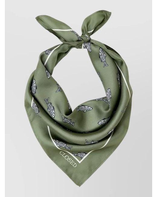 Closed Green Silk Square Scarf Fish Pattern Design