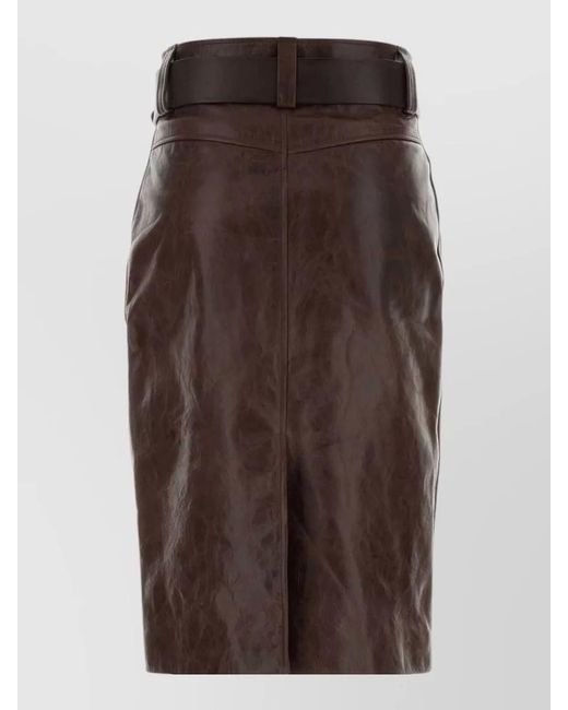 Saint Laurent Brown High Waist Knee Length Leather Skirt Belt