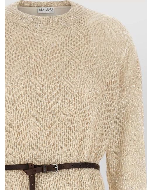 Brunello Cucinelli Natural Leaf Motif Knit Midi Dress Belted