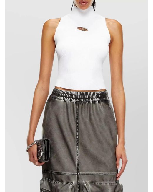 DIESEL White Ribbed Turtleneck Sleeveless Cropped Top